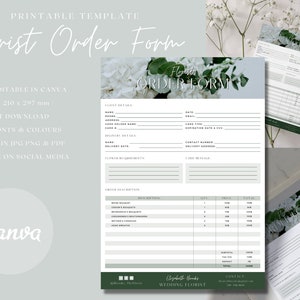 Modèle de formulaire de commande de fleuriste, formulaires de commande Canva pour fleuriste, facture modifiable, formulaire commercial vert, formulaires de fleuriste modifiables, conception imprimable