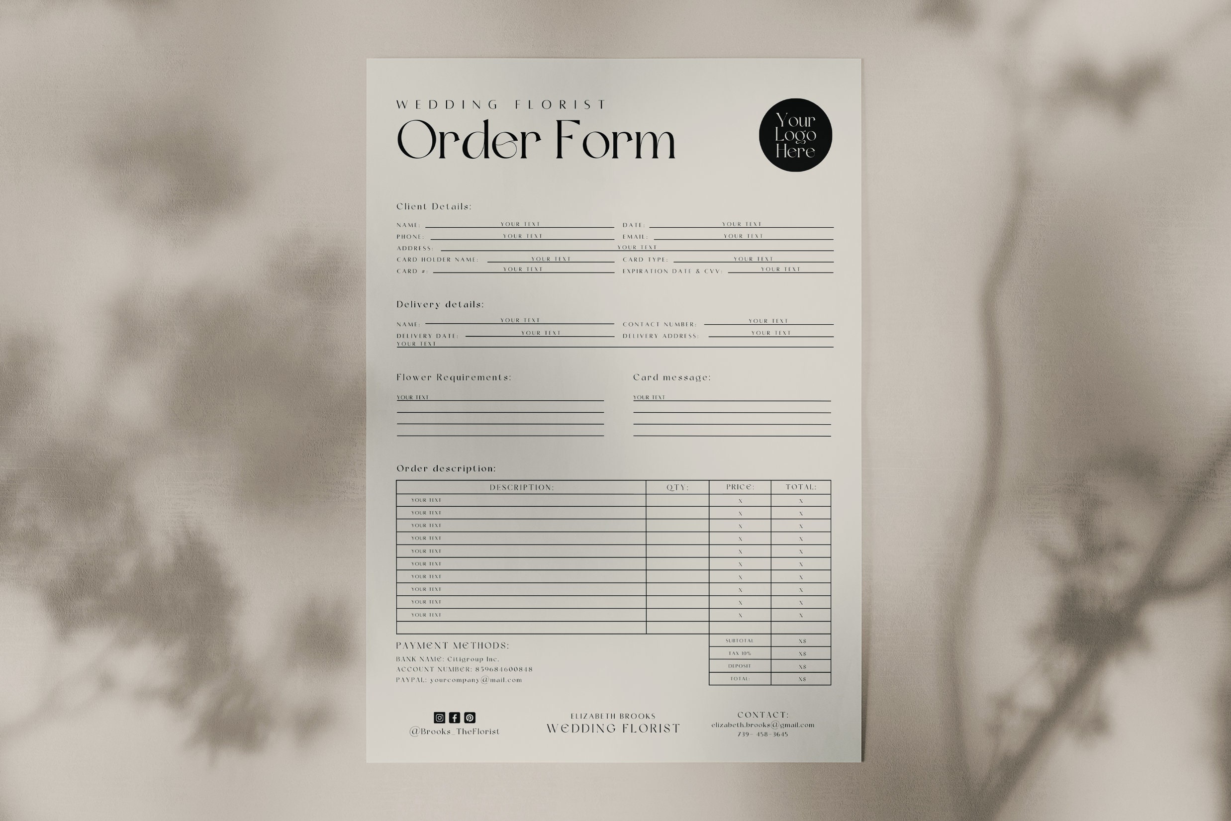 Florist Order Form Template / Canva Order Forms for Florist / | Etsy