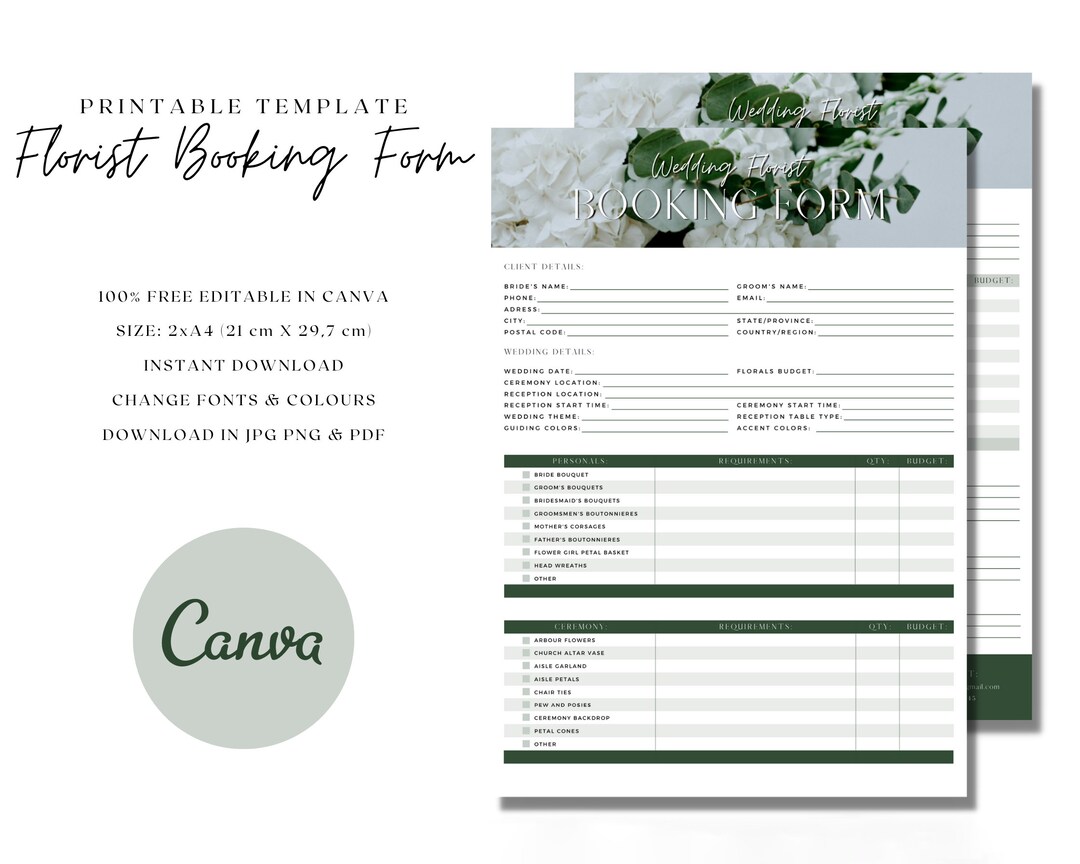 Florist Wedding Booking Form / Wedding Order Forms / Florist Marketing