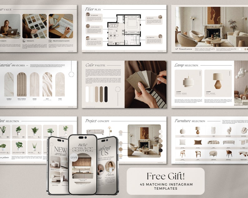 May include: A digital mockup of a home interior design project. The design includes a floor plan, color palette, material swatches, furniture selection, and lamp selection. The design is in a neutral color palette with beige, brown, and white tones. The text "New Service About Us" is visible on a phone screen.