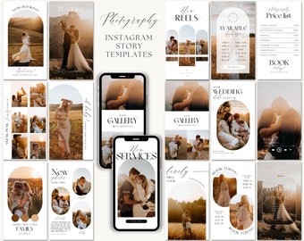 May include: A collection of Instagram story templates for photographers. The templates feature a neutral color palette with a modern aesthetic. The templates include text such as "New Gallery", "New Services", "Wedding Essentials", and "Book Today!"
