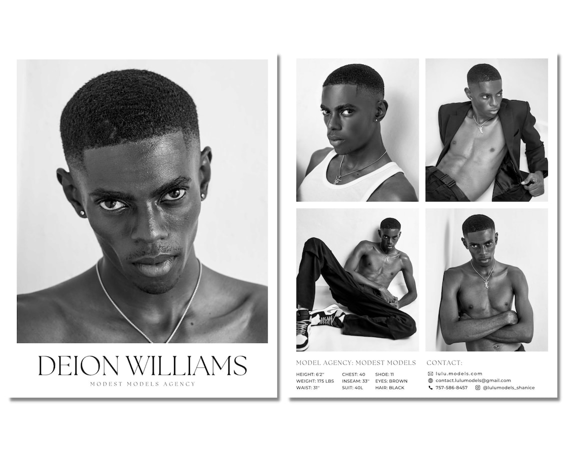 Male Model Comp Card / Canva Template / Actor, Men's Fashion Model Zed ...