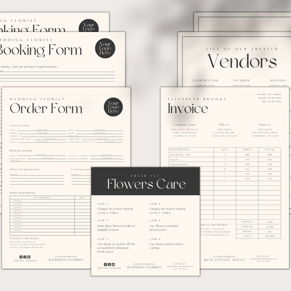 Florist Forms Templates Bundle, Florist Branding Pack,  Booking Form, Order Form, Invoice, Vendor List, Branding Pack for florist, Canva