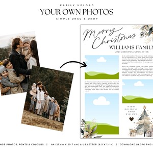 May include: A customizable Christmas newsletter template featuring a festive design with a family photo placeholder, a Christmas tree illustration, and the text "Merry Christmas Williams Family 2023 Christmas Newsletter".