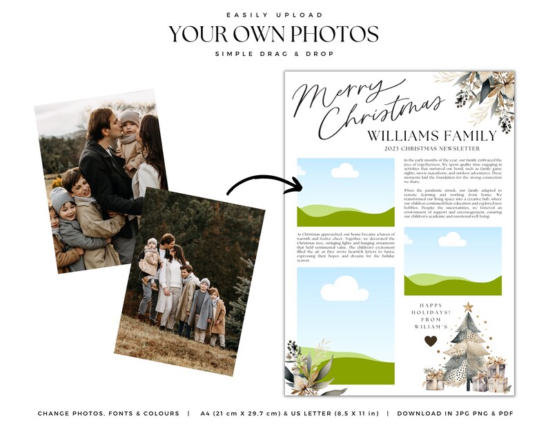 May include: A customizable Christmas newsletter template featuring a festive design with a family photo placeholder, a Christmas tree illustration, and the text "Merry Christmas Williams Family 2023 Christmas Newsletter".
