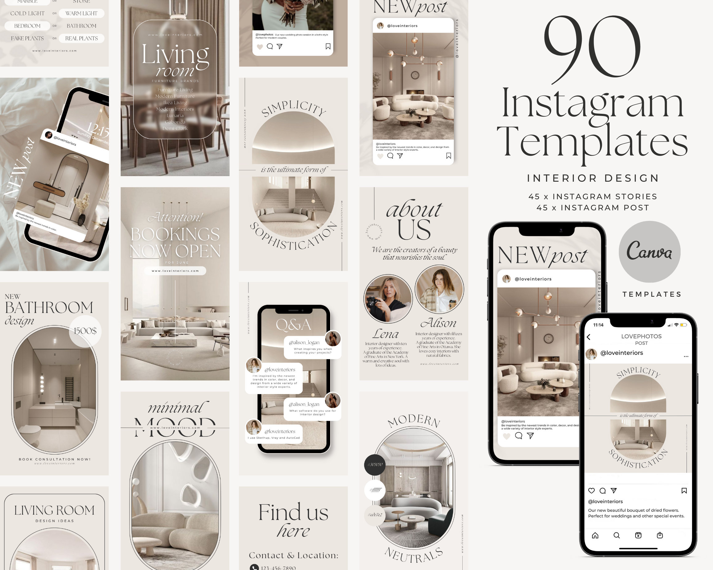 Interior Design Instagram Templates / Canva Template Bundle / Aesthetic ...