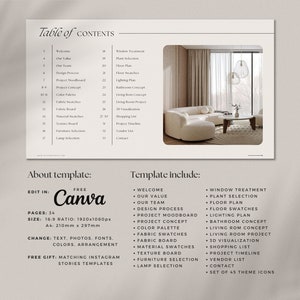 May include: A table of contents for a home interior design template. The template includes sections for welcome, our value, our team, design process, project moodboard, project concept, color palette, fabric swatches, fabric board, material swatches, texture board, furniture selection, lamp selection, window treatment, plant selection, floor plan, floor swatches, lighting plan, bathroom concept, living room concept, living room project, 3D visualization, shopping list, project timeline, vendor list, contact, and a set of 45 theme icons. The template is editable in Canva.