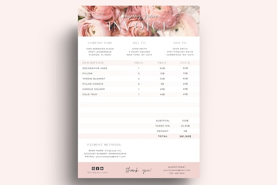 Invoice Template / Pink Floral Invoice / Business Form for | Etsy