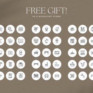 May include: A collection of 45 highlight icons in white circles, featuring line drawings of interior design elements. The text "FREE GIFT!" and "45 X HIGHLIGHT ICONS" are at the top. The icons include furniture, plants, and tools.