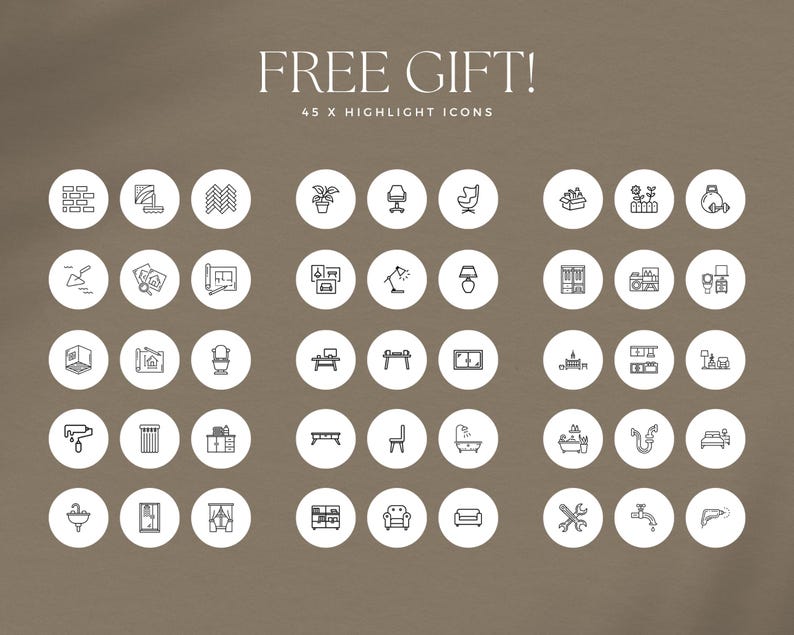 May include: A collection of 45 highlight icons in white circles, featuring line drawings of interior design elements. The text "FREE GIFT!" and "45 X HIGHLIGHT ICONS" are at the top. The icons include furniture, plants, and tools.