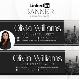 以下が含まれることがあります： 都市の背景を持つ白黒のLinkedInバナーテンプレート。バナーには、不動産エージェントのOlivia Williamsのヘッドショットと、彼女の連絡先情報とウェブサイトアドレスが掲載されています。