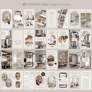 May include: A collage of 45 Instagram story templates for interior design businesses. The templates feature a neutral color palette of beige, brown, and white. The templates include text such as "New Arrivals", "Meet Team", "Living Room", and "Minimal Mood".