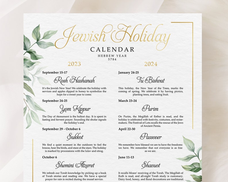 Jewish Holiday Calendar / Printable Hanukkah Calendar / Hebrew Calendar