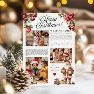 Plantilla de boletín de Navidad / Resumen del año familiar / Plantilla de periódico festivo / Plantilla de Canva / Collage de fotos navideñas clásicas rústicas