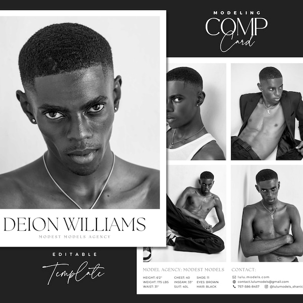 Male Model Comp Card / Canva Template /  Actor, Men's Fashion Model Zed Card / Model Portfolio Template / Monochrome Fashion Portfolio