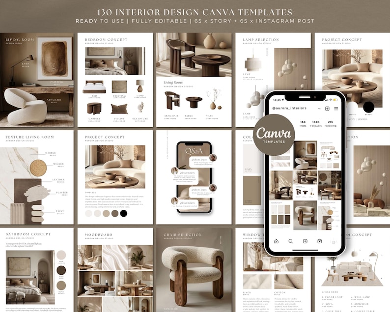 Set of 130 editable Canva templates for interior designers and architects. Includes moodboards, project presentations, furniture selections, Q&A, and social media posts. Neutral, minimalist style in beige and brown tones. Designed for Instagram and Facebook posts and stories.