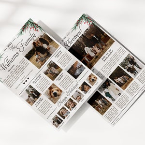 May include: A Christmas newsletter from the Williams family featuring photos of their family and a dog. The newsletter includes text about their year, including a family trip, a 20th anniversary, and a new family member.