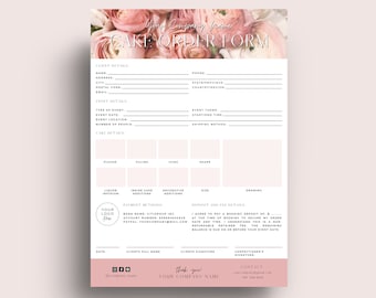May include: A pink and white cake order form with a floral design at the top. The form includes sections for customer details, event details, cake details, payment methods, and a signature line.