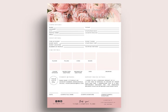 Cake Order Form / Floral Bakery Order Form / Cookie Order Form / Home Bakery Forms / Printable Canva Template / Wedding Cake Order