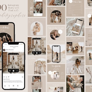 Photographer Instagram / Canva Template Bundle / Beige Boho Social Media Templates / Instagram Post & Story / Wedding Photography Marketing