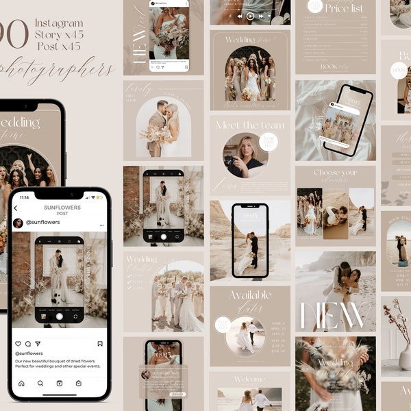 Fotograf Instagram / Canva Template Bundle / Beige Boho Social Media Templates / Instagram Post & Story / Hochzeitsfotografie Marketing