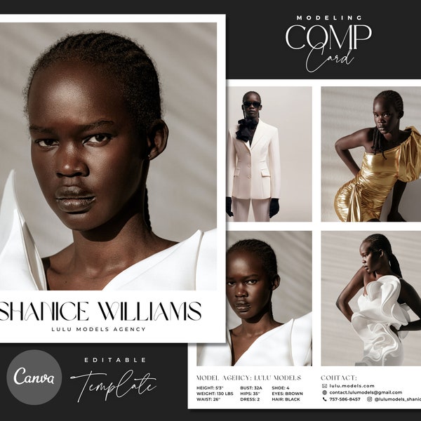 Model Comp Card / Canva Template / Fashion Model Zed Card / Model Portfolio Template / Monochrome Fashion Portfolio