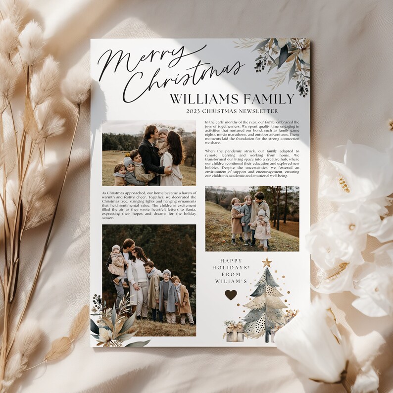 May include: A Christmas newsletter from the Williams family featuring photos of the family and a watercolour illustration of a Christmas tree with presents. The newsletter includes a message about the family's experiences during the pandemic and their hopes for the festive season.