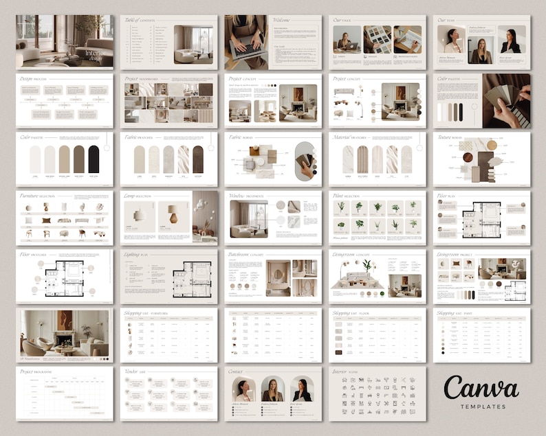 May include: A set of 20 Canva templates for interior design projects. The templates include floor plans, mood boards, color palettes, furniture selections, and more. The templates are designed in a minimalist style with a neutral color palette.