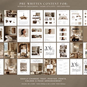 May include: A collection of interior design content pages with text that reads "PRE-WRITTEN CONTENT FOR: INTERIOR DESIGNERS / HOME STYLISTS / DECORATORS". The pages feature furniture, room designs, and the text "20k Thank you for your support!"