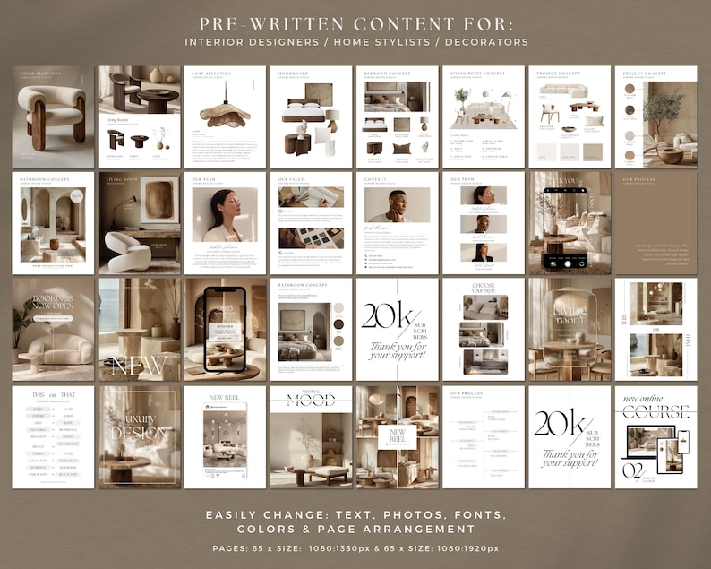 May include: A collection of interior design content pages with text that reads "PRE-WRITTEN CONTENT FOR: INTERIOR DESIGNERS / HOME STYLISTS / DECORATORS". The pages feature furniture, room designs, and the text "20k Thank you for your support!"