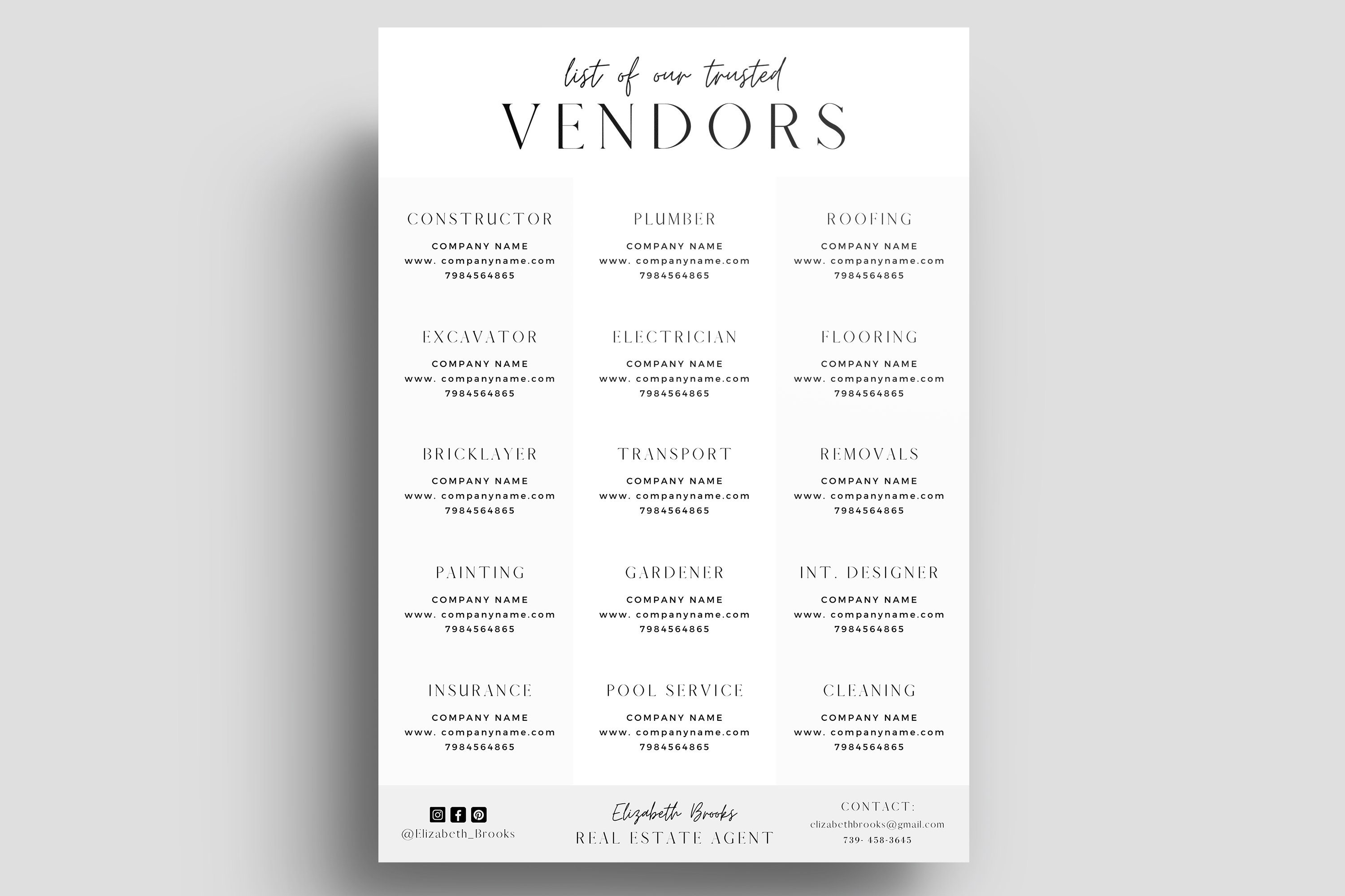 Vendor List Editable Template Real Estate Marketing Trusted Etsy