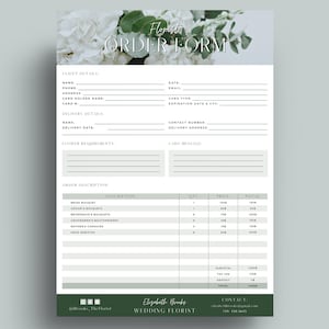 Modèle de formulaire de commande de fleuriste, formulaires de commande Canva pour fleuriste, facture modifiable, formulaire commercial vert, formulaires de fleuriste modifiables, conception imprimable