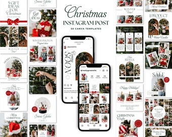 May include: A collection of 50 Instagram post templates for Christmas featuring a variety of designs with winter themes, including snow globes, winter photos, Christmas crafts, and gift ideas. The templates are designed in a modern style with a white background and red accents.