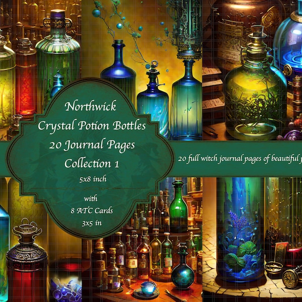 Junk Journal Crystal Dreams Potion bottles ࿐  Printable digital collection of Journaling pages and ATC cards.