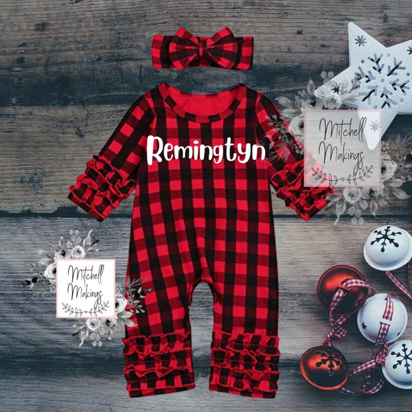Buffalo Plaid Christmas Personalized Ruffle Romper with Headband | Red and Black Plaid Romper| Babies First Christmas Long Sleeve Romper