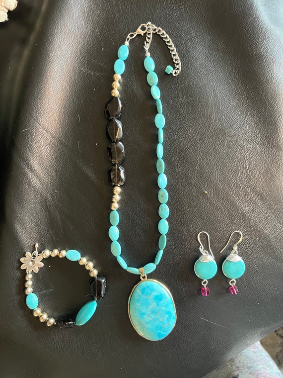 Turquoise, Smokey Quartz and Silver Necklace With Pendant Includes