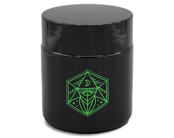 Small Glass Storage Jar with Lid and Printed Artwork - UV Light Protection for Herbs, Spices Seasoning and Kitchen Storage - Black