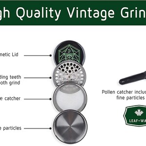 Op de afbeelding: Hoogwaardige vintage grinder met magnetisch deksel, scherpe maaltanden en een kruidenvanger. Inclusief een pollenvanger voor fijne deeltjes. De grinder is van metaal en heeft een zwart-zilveren kleurenschema. De tekst "High Quality Vintage Grinder" staat bovenaan.
