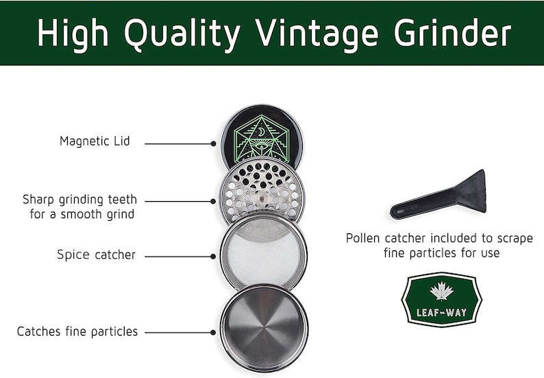 Op de afbeelding: Hoogwaardige vintage grinder met magnetisch deksel, scherpe maaltanden en een kruidenvanger. Inclusief een pollenvanger voor fijne deeltjes. De grinder is van metaal en heeft een zwart-zilveren kleurenschema. De tekst "High Quality Vintage Grinder" staat bovenaan.