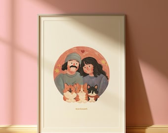 May include: A framed art print featuring a digital illustration of two people and three cats inside a circular peach-colored background. The people have dark hair, and the cats are orange, white, and black. The text @catclaireelizabeth is visible.