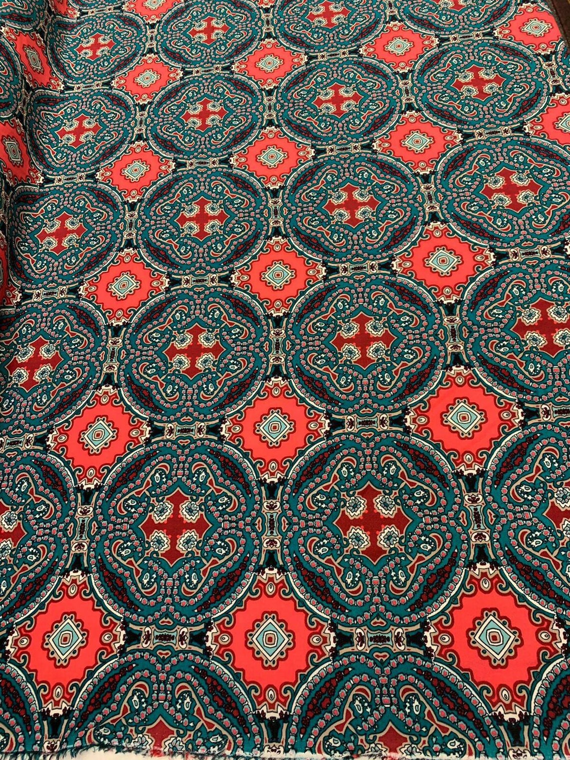 Rayon Challis Print Fabric by the Yard Teal Coral Ikat Indian Etsy UK