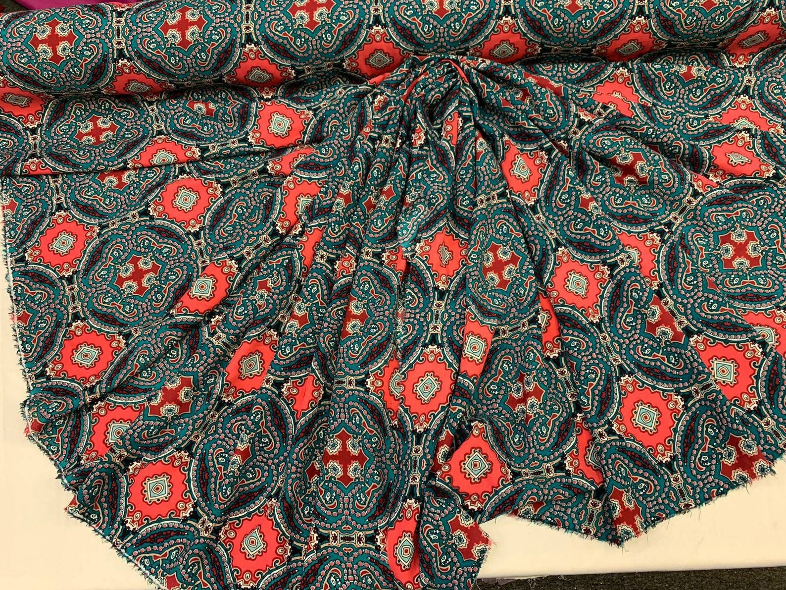 Rayon Challis Print Fabric By The Yard Teal Coral Ikat Indian Etsy