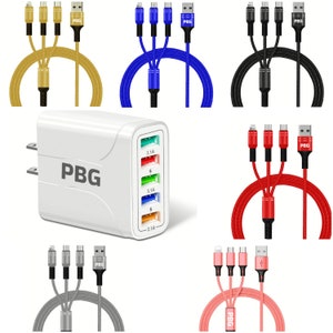 PBG 5 Port LED Wall Charger and 3 in 1 Nylon Charging Cable Bundle