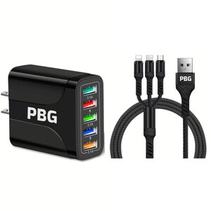 PBG 5 Port LED Wall Charger and 3 in 1 Nylon Charging Cable Bundle