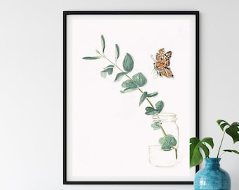 Painted Lady Butterfly and Eucalyptus Original Watercolor Painting, Prints, and Cards