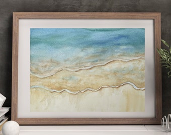 Aqua Blue Surf and Sand Beach, Beach Art, Original Watercolor Painting, Beach Prints, Coastal Art, Beach Gift, Beach Painting, Beach Decor
