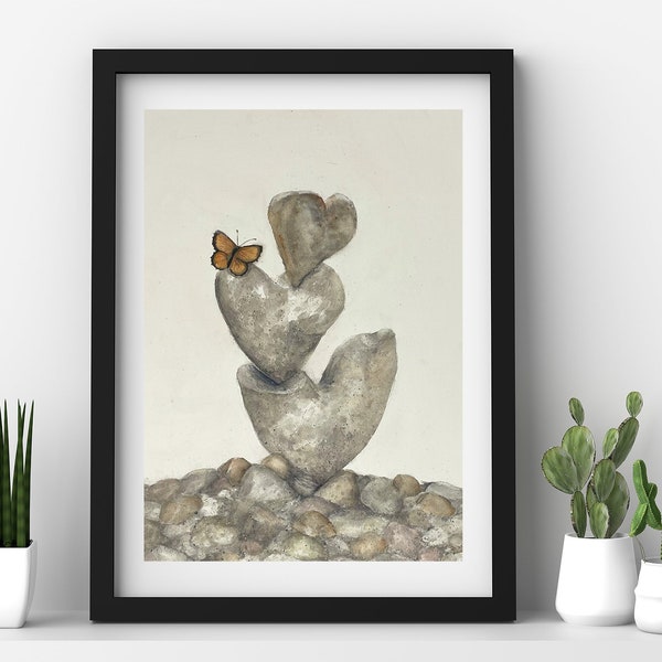 Stacked Rocks, Balanced Hearts and Butterfly Stone Cairn Watercolor Painting, Prints, and Notecards