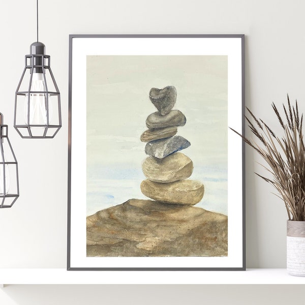Stacked Rock, Balanced Stone Cairn, Heart Rock Stack Original Painting, Prints, and Cards