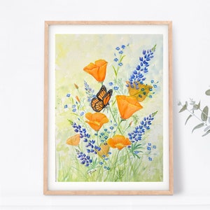 Papillon monarque et coquelicots de Californie Orange 12 x 16 peinture aquarelle originale, estampes et cartes de correspondance, Art botanique