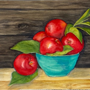 Apple Bowl Watercolor Painting, Kitchen Painting Apple Still Life